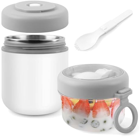 Acasimo Tazza per Cereali da Portare Via in Acciaio Inossidabile, Tazza per Yogurt da Portare Via 2-in-1 con Cucchiaio, 530 ml + 330 ml, Tazza per Cereali Portatile a Prova di Perdite, Adatta per