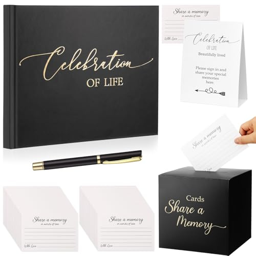 Engrowtic 64 Pcs Guest Book Set Funeral Guest Book Celebration of Life for Memorial Service with 60 Pcs Share a Memory Cards Box Table Pen Guestbook Sign in Loving Memory for Registry(Black)