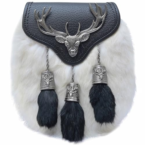 Sporran de kilt écossais semi-habillé pour homme – Sporrans traditionnels Highland Daywear Sporrans Emblème tête de cerf et pompons – Élégante ceinture en cuir noir fabriquée à la main, Fourrure