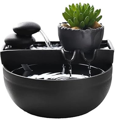 Piccola Fontana da Interno, Cascata in Ceramica Nera con Sfera di Cristallo Rotante, per Soggiorno, Studio o Ufficio(Medium)