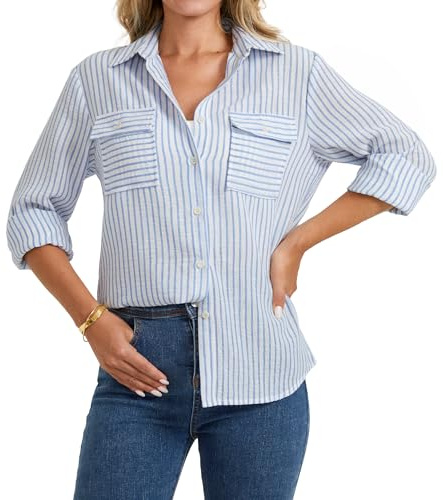 Enmain Camicia Donna Blu Manica Lunga Righe Lino Camicie Donna Elegante Ufficio Casual Estiva Blusa con Scollo a V e Bottoni S
