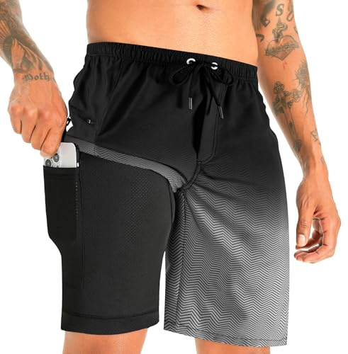 APTRO Badbyxor för män, långa med kompressionsliner, snabbtorkande badshorts, badbyxor, 2 i 1 badbyxor med dragkedja, innerbyxor, surfing, strandbyxor, Färggradient svart Mk352, XL