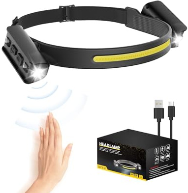 Coyonce LED Head Torch Rechargeable,230°COB Super Bright Headlamp with Motion Sensor, 6 Modes, IPX5 Waterproof, 12 Hours Runtime, 1200LM 2 Spot Light 90°Adjustable, Lightweight Headlamp for Camping