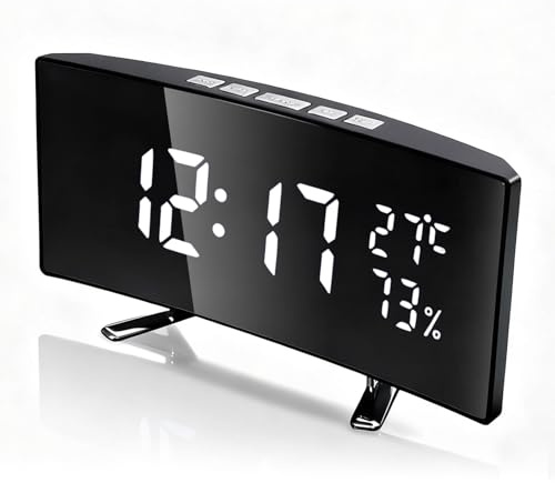 FunceTends Digital Alarm Clock for Bedrooms, Bedside Clock with Modern Curved Design, USB-Powered, Showing Temperature, Date, Humidity, Automatic Dimming at Night, 3 Alarms, 12/24h