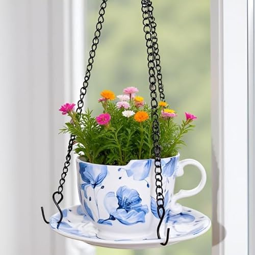 AMIEENOR Suspension Plante Intérieur et Extérieur, Pot de Fleur Suspendu en Céramique Forme de Tasse avec Soucoupe, Jardinière Suspendue 16cm avec Chaîne, Décoration de Fleurs Bleues