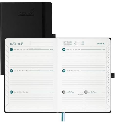 BEZEND Agenda Escolar 2026 2027 Semana Vista A5 Horizontal, 18 Meses de Jul.26 a Dic.27, Agenda Semanal 15,5 x 21 cm, Tapa Dura Cuero PU - Negro