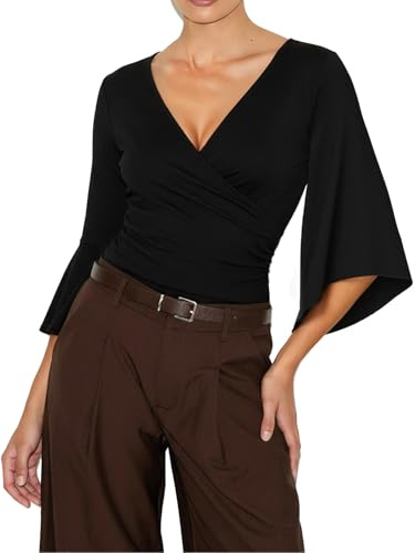 HAWILAND Maglia avvolgente da donna, elegante, a maniche a 3/4, con scollo a V, sexy, con maniche a tromba
