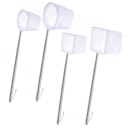 JIAC Lot de 4 Épuisette Aquarium pour Petit Filet d'aquarium avec Manche poignée Extensible en Acier Inoxydable Résille de Pêche Petit Filet d'aquarium Rondes/carrées pour Aquarium,Étang,Nettoyage