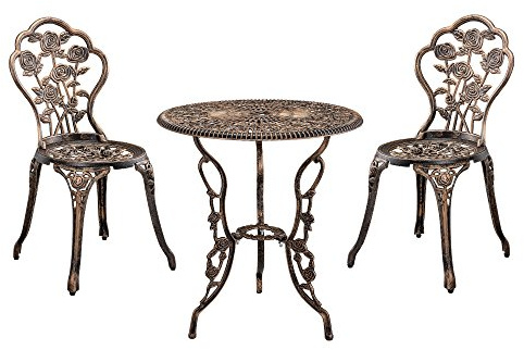 casa.pro Juego de Bistró de 3 Piezas Wakefield Diseño Vintage Set de 1 Mesa Redonda y 2 Sillas Conjunto de Muebles de Exterior Terraza Jardín Patio Balcón Aluminio - Bronce