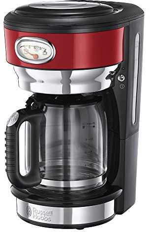 Russell Hobbs Cafetera de Goteo Retro - Cafetera Vintage, 10 Tazas, Jarra Cristal 1,25L, Soporte de Filtro Lavable, Tecnología de Rociado Avanzada, Cuchara Medidora, Acero Inoxidable, Rojo - 21700-56