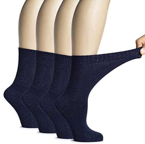 Hugh Ugoli Chaussettes Mi-mollet Diabétiques Femme en Bambou, 4 Pairs, Ultra Douces, Fines & Respirantes | Sans Couture & Bord Non Comprimant | Idéales pour Chevilles Gonflées | Bleu marine, 39-43