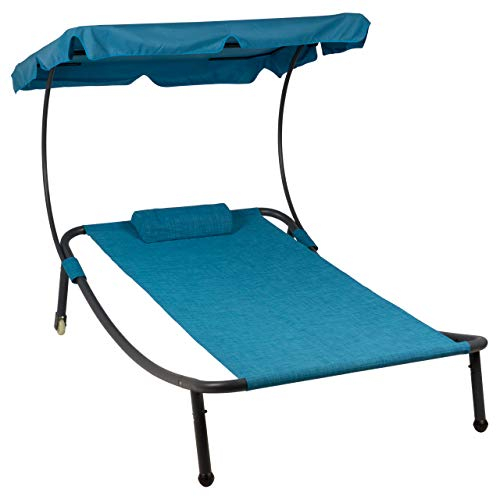 Divero Sonnenliege Sonnenbett Blau 202 x 139 x 152 cm mit Sonnendach und Kopfkissen für eine Person Gartenliege mit Räder Stahlrahmen Mamry