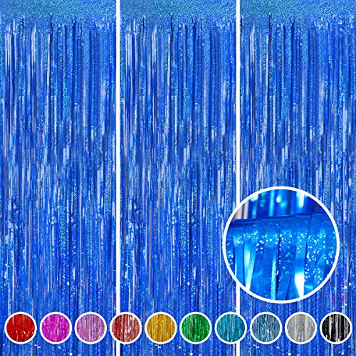Foil Fringe Curtains Party Decorations - Melsan 3 Pack 3.2 x 8.2 ft Tinsel Curtain Party Photo Backdrop for Independence Day Decorations Birthday Party Baby Shower or Graduation Navy