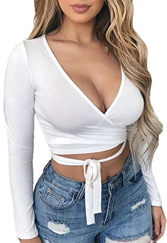 Artfish Women Sexy Deep V Neck Crop Top Long Sleeve Bandage Wrap Tie Tight Cropped Fitted Cleavage Shirts White, L