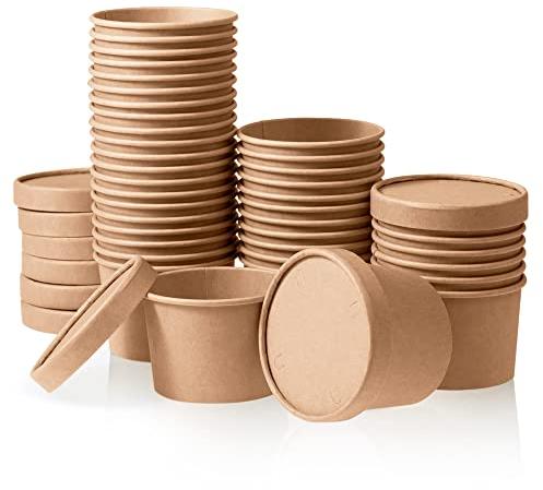 MATICAN Vasos de papel para helado con tapas, paquete de 40 tazas de sopa de 9 onzas con tapas, recipientes desechables para helado, 9 onzas, marrón kraft