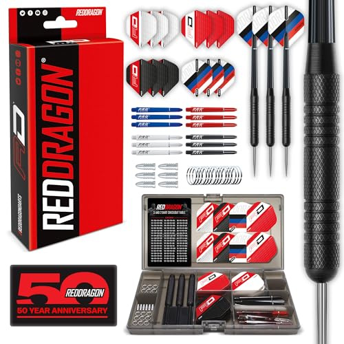 RED DRAGON Ultimate 50 Piece Darts Set, 20g Steel Tip Professional Brass Darts Set With Case | Includes Dart Flights, Shafts & More Accessories