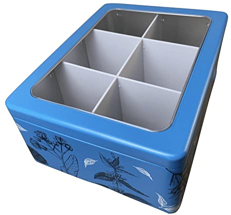 MediMuc Teebeutelbox blau - rechteckige Teebeuteldose mit Scharnierdeckel und Sichtfenster - matt mit partiellem glänzenden Lack auf den Teekräutermotiven - Teebox, Teedose, Teebeuteldose