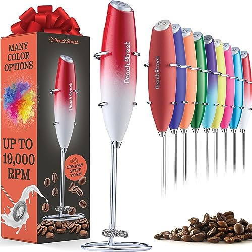Powerful Handheld Milk Frother, Mini Milk Foamer, Battery Operated (Not included) Stainless Steel Drink Mixer with Stand for Coffee, Lattes, Cappuccino, Frappe, Matcha, and Hot Chocolate. (Red/White)