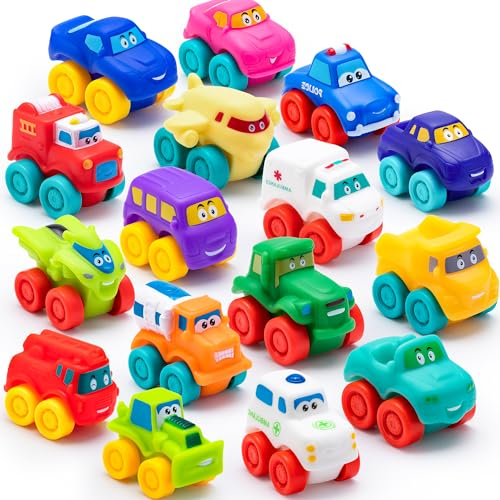 JOYIN 16 pièces Voitures de Dessin animé, Voiture Jouet en Caoutchouc Souple, Mini véhicules Jouets, Voiture Jouet de Bain pour Les Tout-Petits, Cadeau pour garçons et Filles, Anniversaire de Noël
