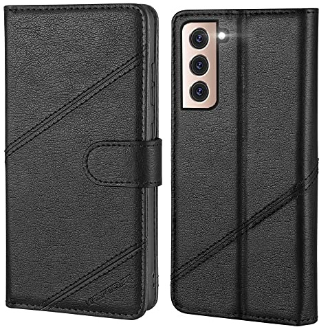 KRAFTCARE Mobiltelefonfodral för Samsung Galaxy S22 fodral | Fällbart skal med premium PU-läder, 3 kortfack + sedelfack, stativ, stötsäker, RFID-blockering, svart