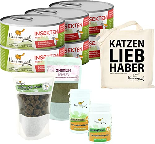 I Love My Cat Sparset für Maine Coon – Getreidefreies Nassfutter 6 × 100 g, Soft-Snacks mit Insekten 50 g, Shiimun Skin 50 g, Nierenkraft Pulver 35 g & Gelenke & Knochen 30 Kapseln