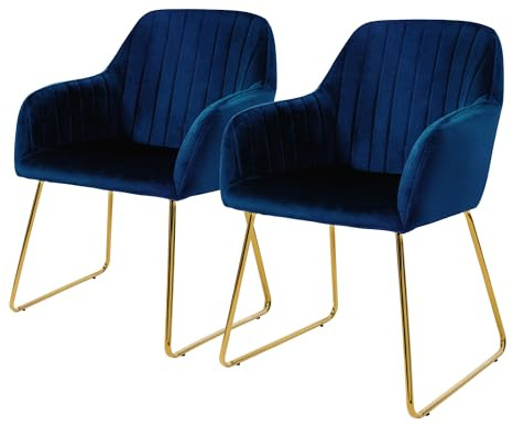 ML-Design matsalsstolar set om 2, sammetssits, blå, vardagsrumsstol med ryggstöd och armstöd, köksstol med guldben, stoppad stol med metallram, ergonomisk fåtölj för matbord