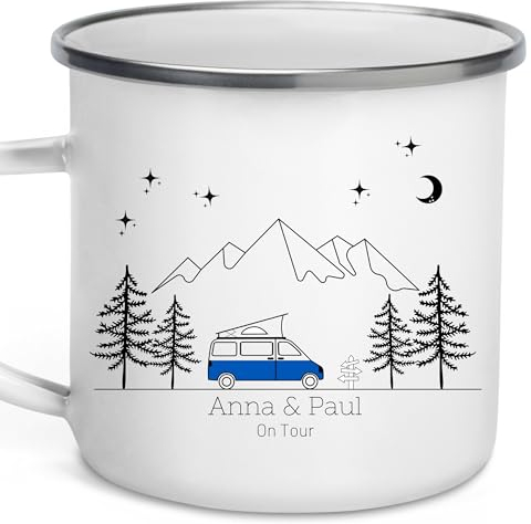 Little Mathilda Emaille Tasse Camping personalisierte Campingtasse mit Namen Kaffeetasse Zubehör Wohnmobil Wohnwagen Van Geschirr Edelstahl Becher Campingküche Geschenk für Camper (Campingvan blau)