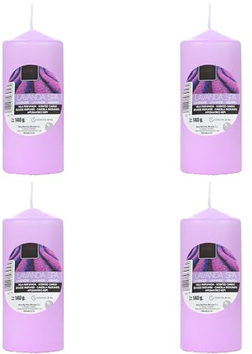 Set de 4 Candele Profumate Lavanda, Candela Lilla a Colonna Profumada 11x4.7cm, Candela Profumada 25 Ore di Combustione