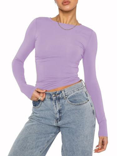 OYIGELZ Chemise à manches longues pour femme - T-shirt basique court Y2K - Coupe ajustée - Décontracté, XXL
