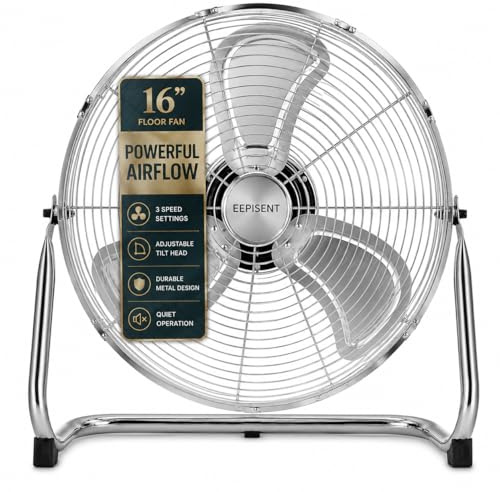 EPISENT 16 Chrome Metal Floor Fan – 90W High Velocity, 3 Speed Settings, 120° Adjustable Tilt, Powerful Air Circulator for Home, Gym, Garage, Warehouse and Office, Chrome