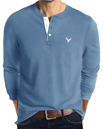 KUYIGO Camiseta de Manga Larga Henley Bordada para Hombre, de algodón, Informal, Deportiva, de Punto, Azul, M