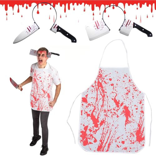 DONGSZQ Grembiule di Halloween, Accessori spaventosi per Halloween, include coltello sulla testa e grembiule di Halloween sanguinoso, per Halloween, Carnevale, Giorno dei Morti, Mascherata