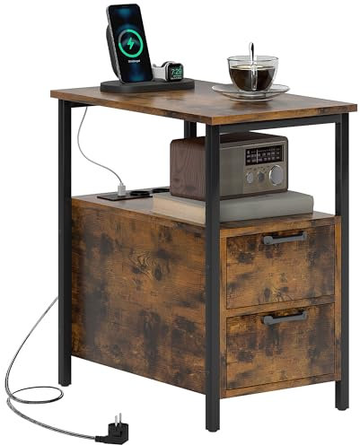HOMCOM Beistelltisch Nachttisch mit Steckdosenleiste, 2 Schubladen, Couchtisch Wohnzimmertisch Sofatisch Kaffeetisch für Wohnzimmer Schlafzimmer 55 x 35 x 58,5 cm Rustikal-Braun