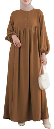 Abito casual da donna, stile casual, con scollo rotondo e tasca a punto smock, abito midi casual con tasche, Marrone, M
