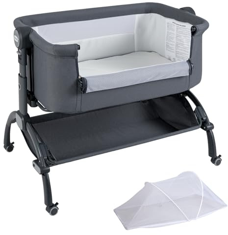 COSTWAY Baby Bedside Crib, Heights Adjustable Bassinet with Mattress, Mosquito Net, Lockable Wheels, Storage Basket, Newborn Bedside Sleeper for Birth to 9kg (Grey)
