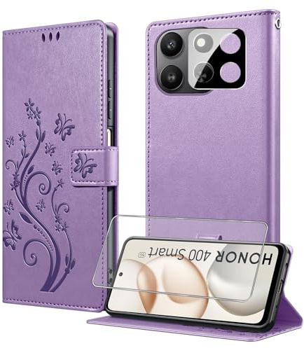TTYSHTT for Honor 400 Smart Case Wallet with Tempered Glass Screen Protector &Camera Lens,Card Holder Slots Wrist Strap TPU Interior Protective Shockproof,PU Leather Folio Flip Cases Cover,Purple