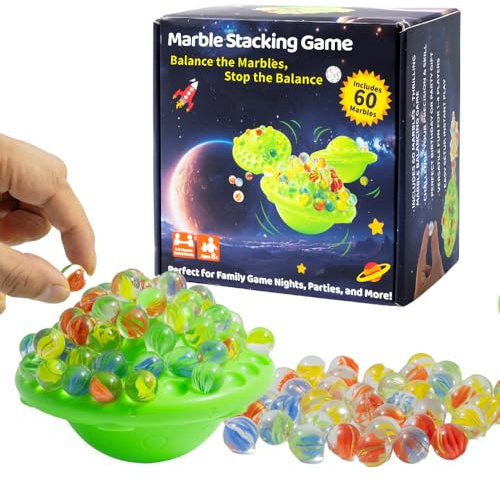 oupados Marble Balance-Spiel mit，aufregendes 60 Bunte Glasmurmeln Challenge-Karten und Speicher,für 1-4 Spieler Kinder & Erwachsene Family Partyspiel das sowohlals auch längere Spielrunden geeignet