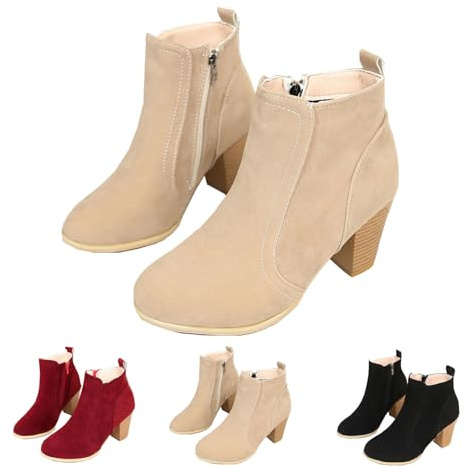 Botines sin cordones para mujer, botas de tacón alto de piel de ante con puntera redonda, zapatos formales de negocios elegantes con cremallera lateral, Khaki, 37 EU