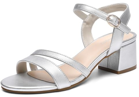Yavero Sandalias Mujer Verano Elegantes con Tacón Ancho Plateado 40