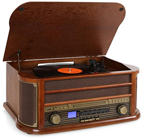 Auna Tocadiscos de Vinilo Vintage, Incluye Altavoces con Sistema Estéreo para Musica, Tocadiscos de Vinilo, Reproductor Retro, USB, CD, Sistema de Sonido, Giradiscos Portátil para Casa