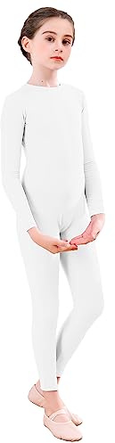 Aoylisey Girls' Full Body Long Sleeve Unitard One Piece Gymnastics Dance Bodysuits for Kids (White, XS/(2-4))