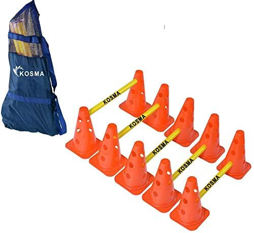Kosma Pack of 15Pc Multi-functional and Adjustable Agility Hurdle set - 10Pc Traffic Cones 9 inch with 12 holes Orange colour, 5Pc Yellow hurdles Poles 40cm length - in carry bag