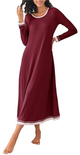 Ekouaer Nattlinne för damer, långärmad elegant sovskjorta, mjuk sovklänning, långa nattskjortor, kontrastfärg, nattklänning, lös sovkläder, S–XXL, 4-vinröd, L