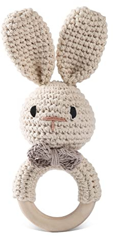 Handmade Crochet Easter Bunny Wooden Baby Rattle Toy for 0-6 Months - Organic Stuffed Animal for Newborn
