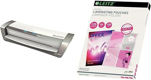 Leitz A4 Laminiergerät, Für 80 bis 125 mic Laminierfolien, inkl. Laminierhüllen Starterkit, schnelles Laminieren, ideal für den Einsatz in Büro & Schule, Weiß/Silber, iLAM, 72510084