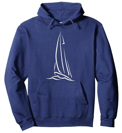 Sailor Boating Anchor - Simple Line Drawing Sailboat Sailing Pullover Hoodie, Adult Unisex, Navy Blue, X-Large
