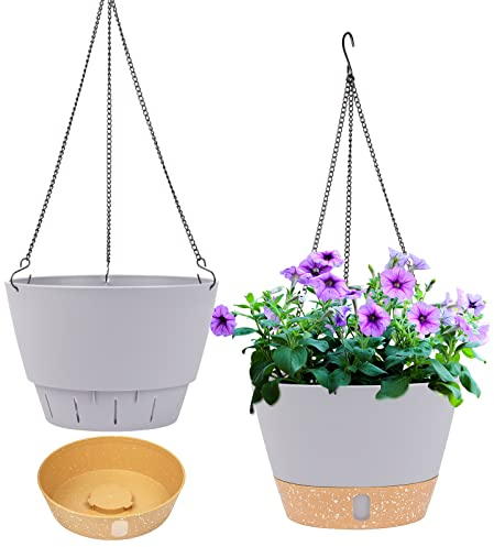 QCQHDU 2 Pack Hanging Planters Set,20cm Indoor Outdoor Hanging Plant Pot Basket,Hanging Flower Pot with Drainage Hole with 3 Hooks for Garden Home(Light Grey)