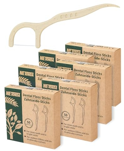 NETONDA 300 pcs Nachhaltige Zahnseide Sticks Vegan Dental Floss Picks Plastikfrei Zahnseide mit Zahnstocher Nautur Zahnseidenstick für Zahnhygiene - Natürliche Zahnseide Umweltfreundlich - 6 x 50er