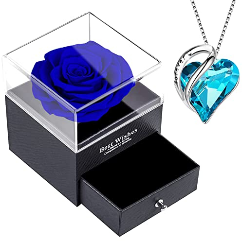 Rosa eterna estabilizada azul con collar corazón cristal aguamarina, rosa conservada con colgante zafiro azul plata 925 mujer, San Valentín, día de la madre, aniversario boda para ella
