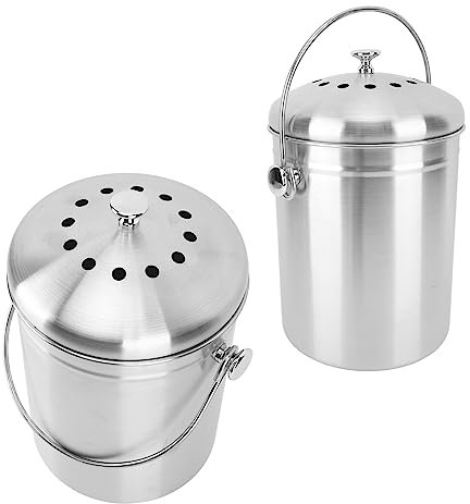 Ozgkee Compost Container Worktop Round Stainless Steel Odour Removal Compost Container with Carbon Filters Kitchen Worktop